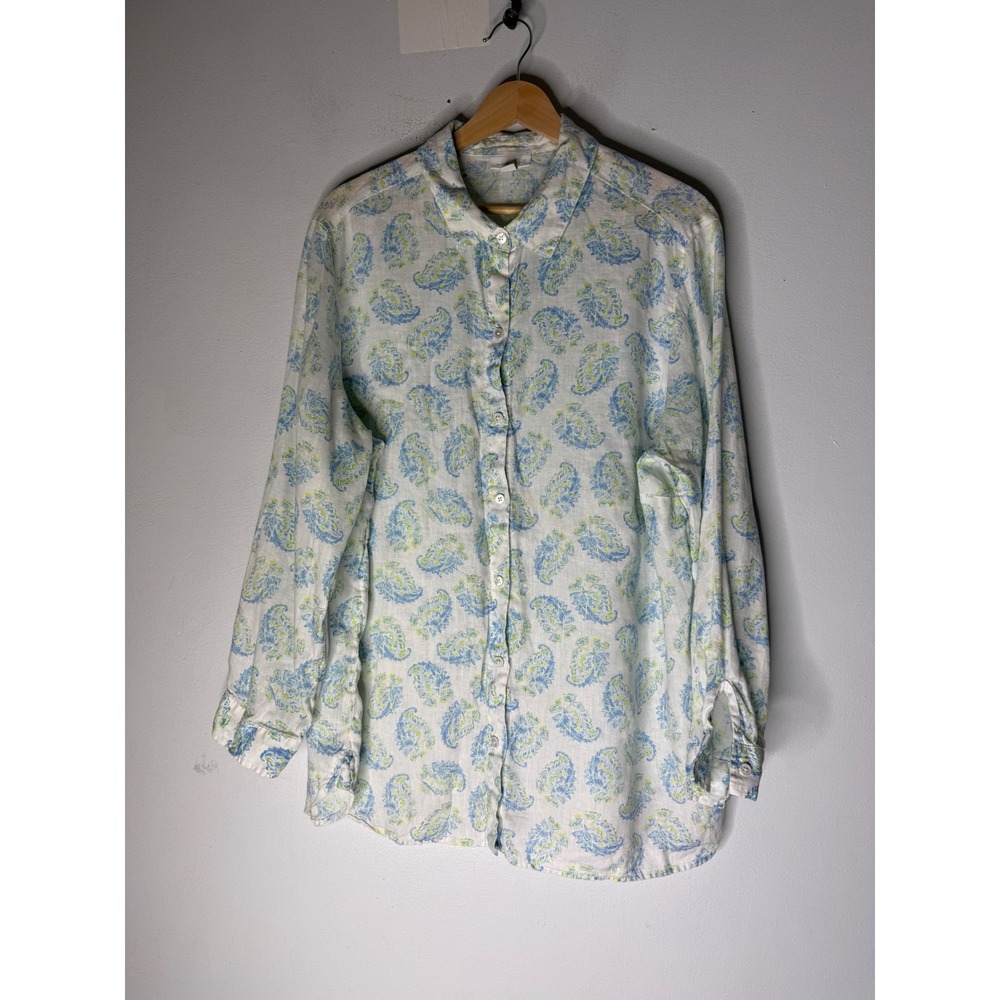 J. Jill Love Linen Floral Button Down Shirt Blue Green White Long Sleeve 1X